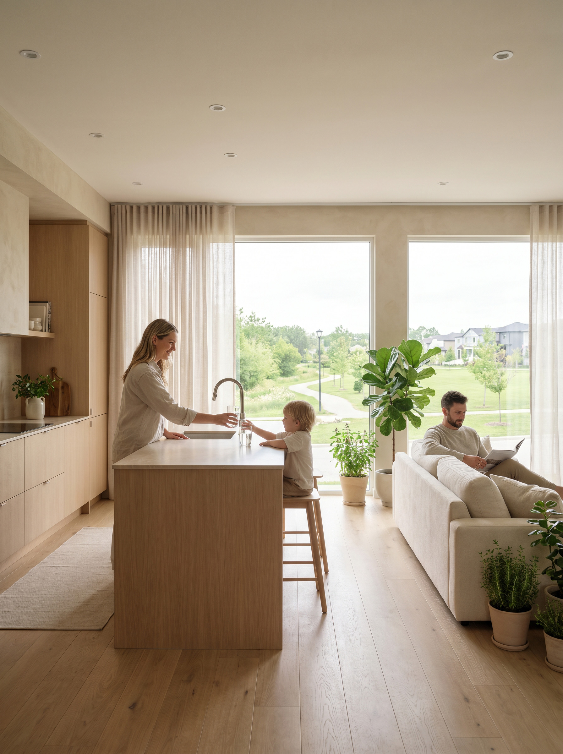 Family in a bright modern kitchen
