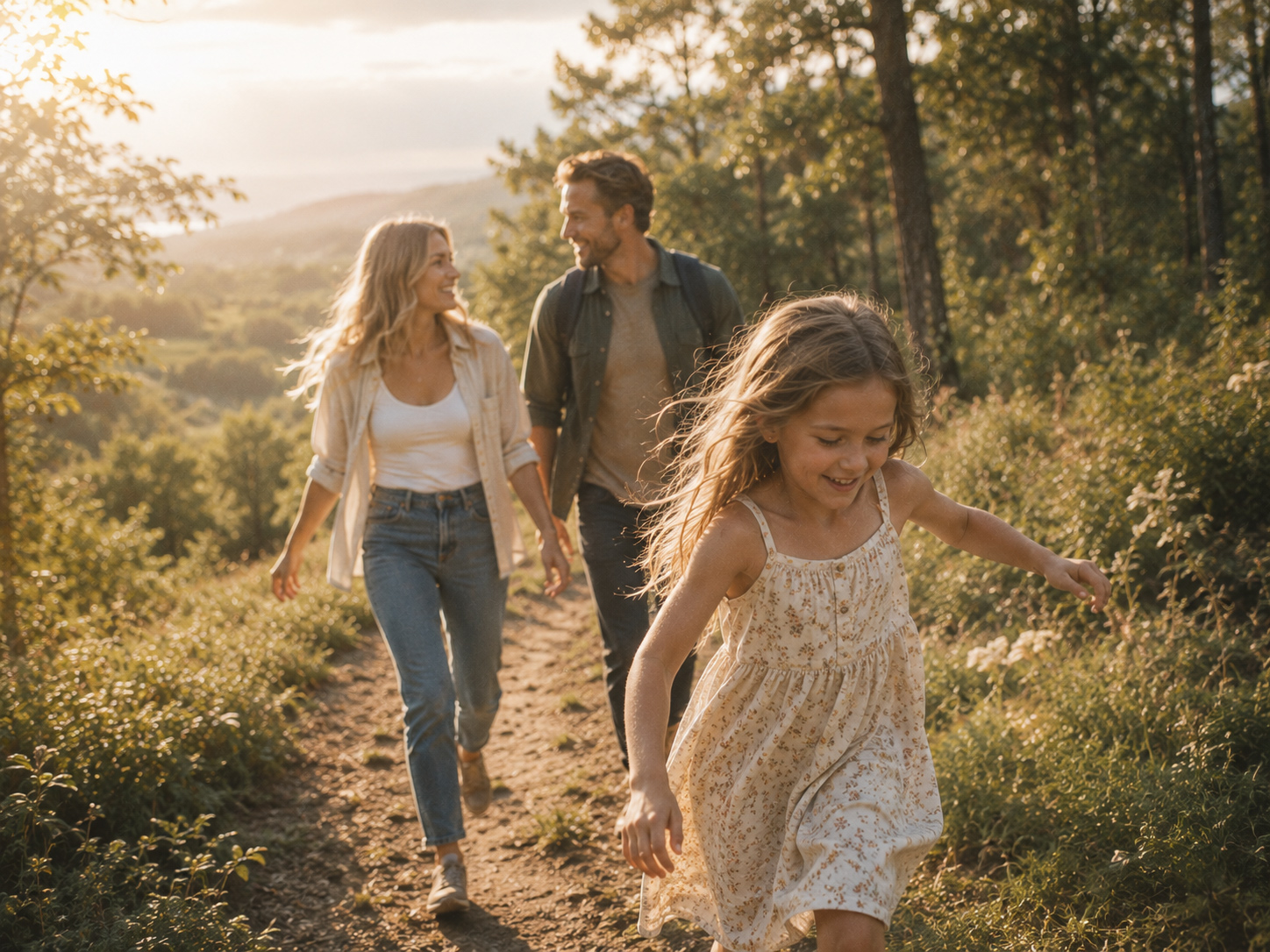 Family walking through a sunlit forest in Caledon