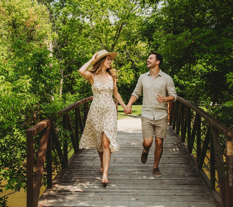 Couple walking hand-in-hand across a wooden bridge in Caledon