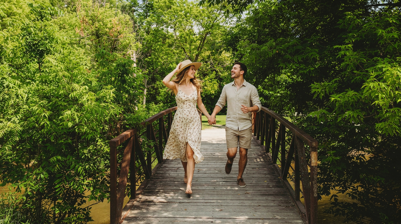Couple walking on a wooden bridge in Caledon